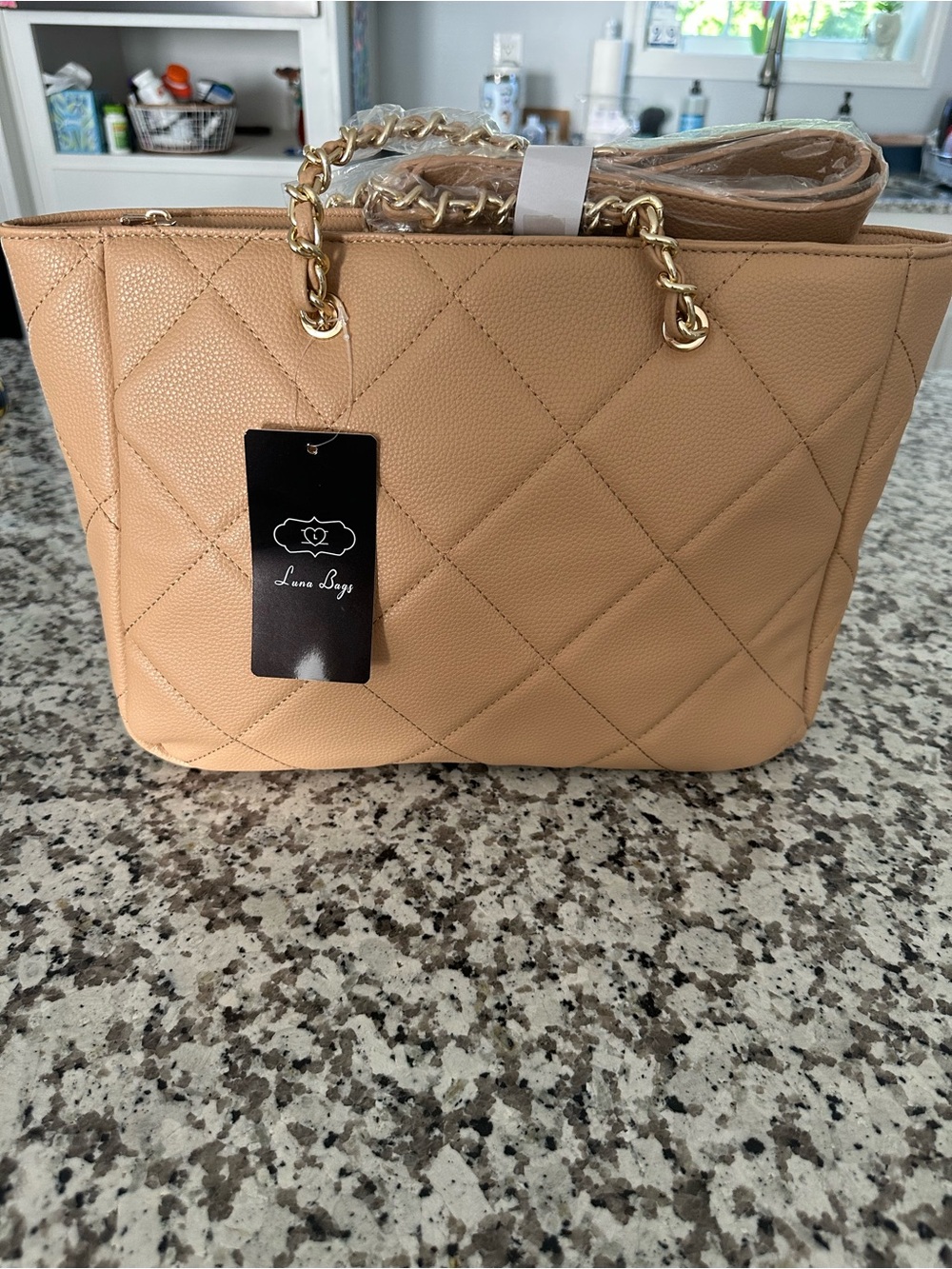 NEW Beige Quilted Tote with Gold Chain Handles